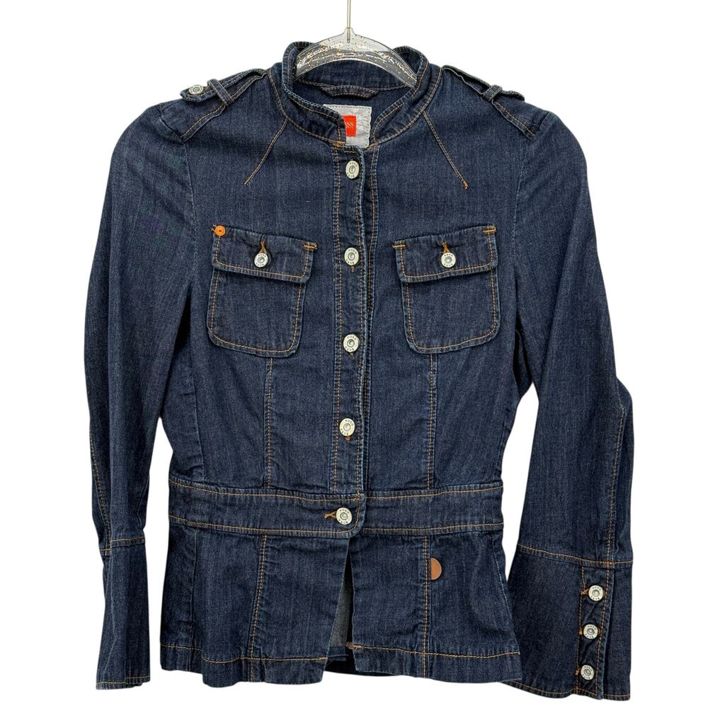 Boss Hugo Boss Denim Jacket Womens SZ 6 Blue Peplum Military Chic Utility Y2K